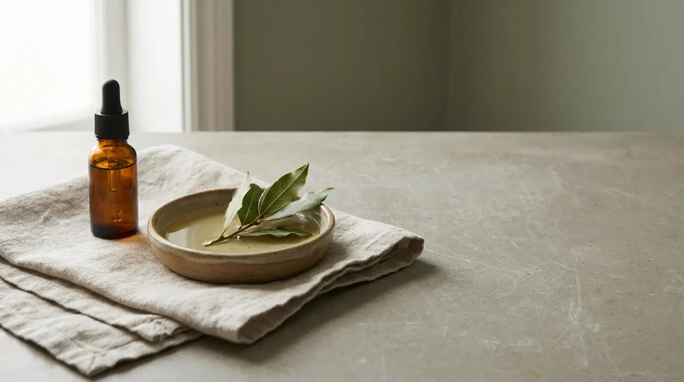 Amber dropper bottle and ceramic dish with bay leaves on linen cloth in soft natural light