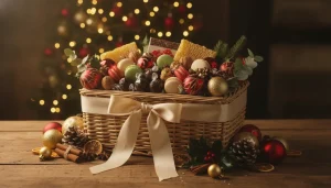 Festive gift basket with assorted treats and ornaments on wooden table, decorated with a bow
