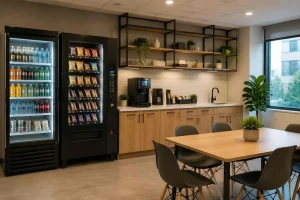 Modern office break room with vending machines, coffee station, wooden cabinets, and plants