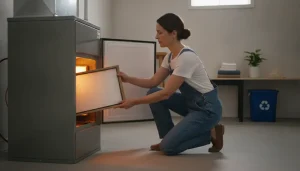 Person replacing air filter in a furnace room with recycling bin and shelf in background