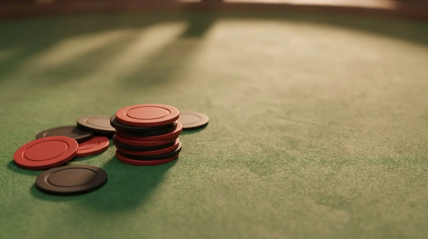 Poker chips stacked on felt table under warm lighting in a game room