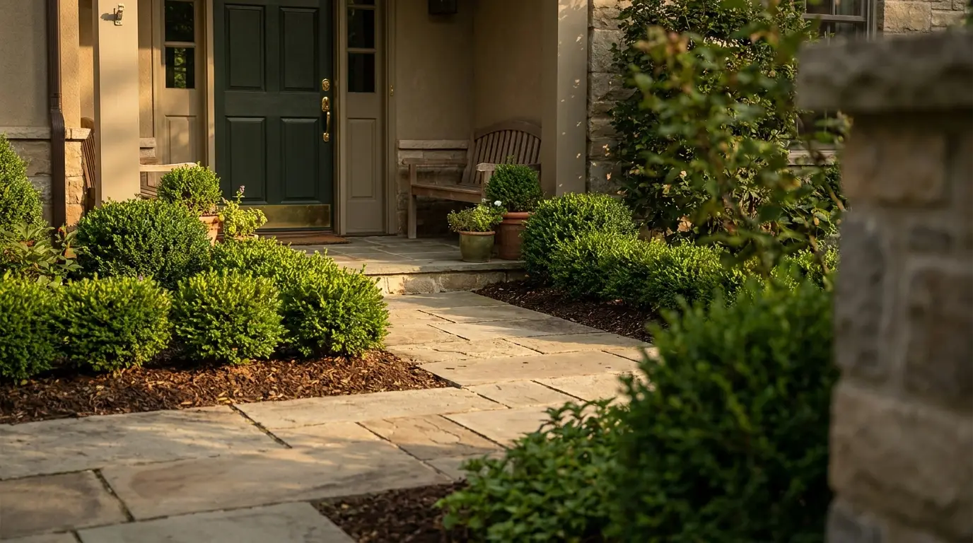 Front porch with green door and wooden bench surrounded by manicured shrubs and stone pathway