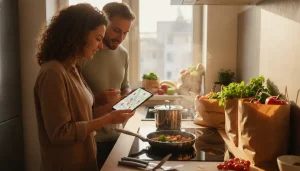 Couple using tablet in sunlit kitchen with fresh vegetables and steaming skillet on stove