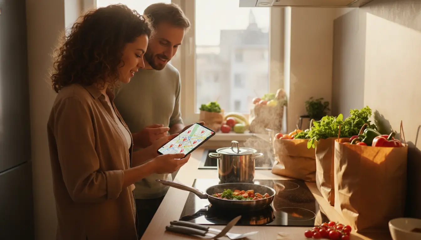Couple using tablet in sunlit kitchen with fresh vegetables and steaming skillet on stove