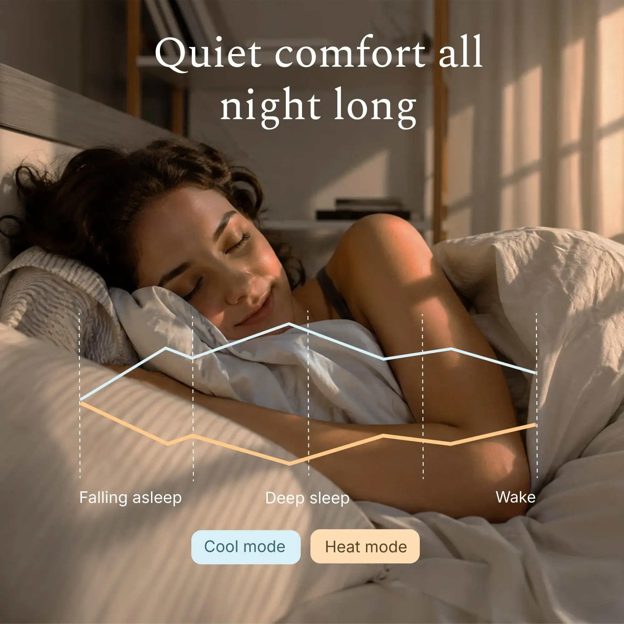 Woman sleeping in bed with light blanket in softly lit bedroom