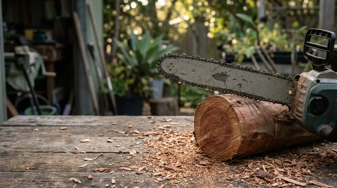Chainsaw cutting through log on wooden workbench outdoors with wood shavings scattered around