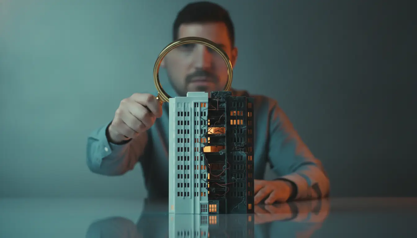 Man holding magnifying glass over contrasting black and white building models on reflective surface
