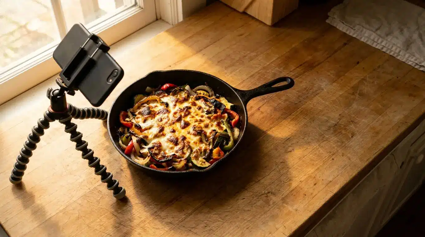 Skillet with roasted vegetables and cheese on wooden countertop near window with smartphone stand