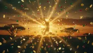 Golden wheel emitting light surrounded by falling coins and gems against sunset backdrop