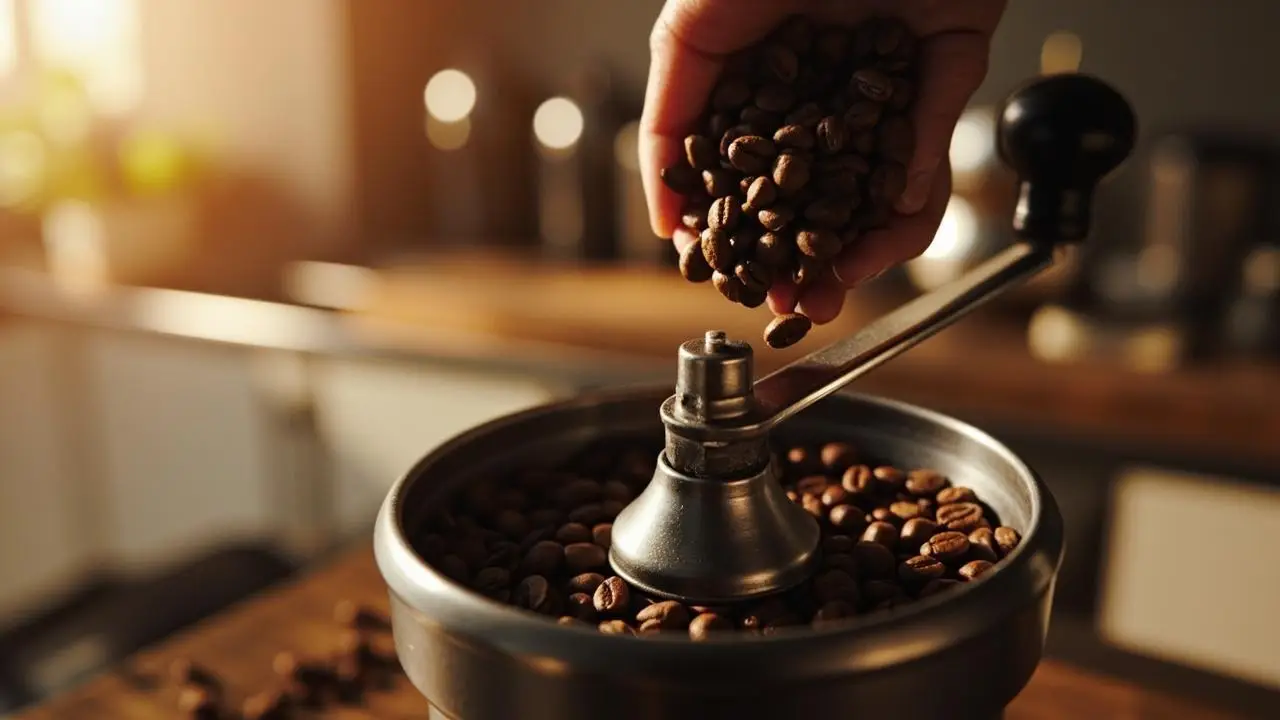 Hand pouring coffee beans into a manual grinder in warm kitchen light