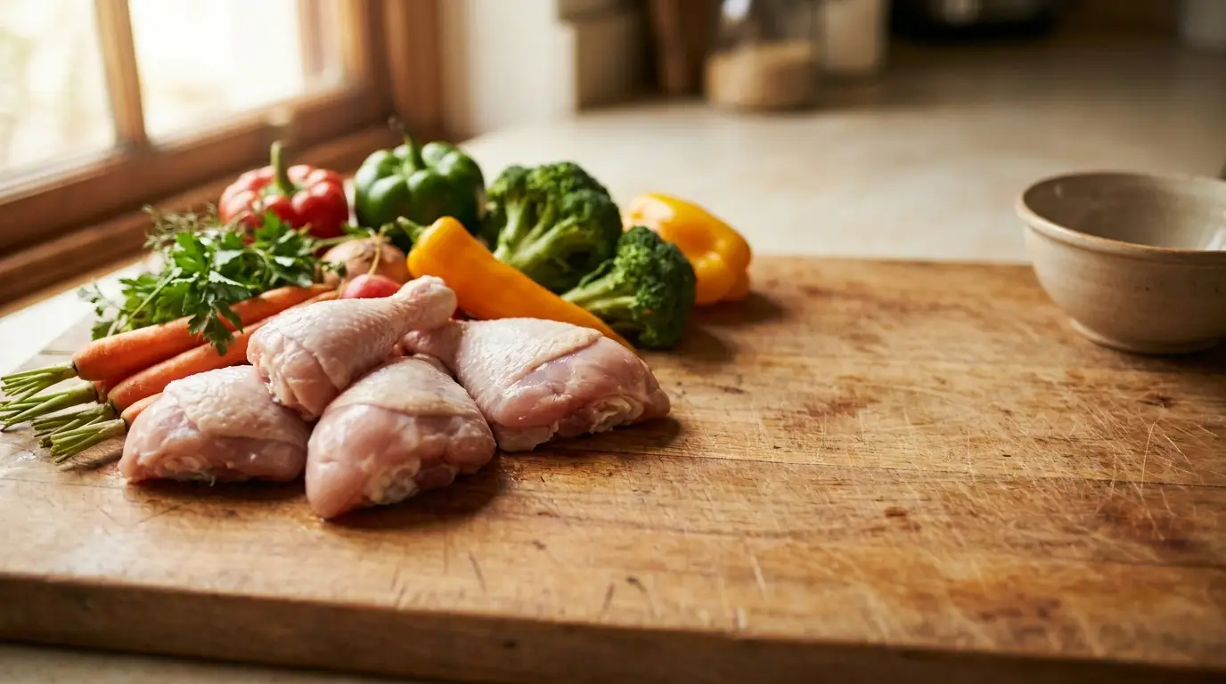 Raw chicken drumsticks and fresh vegetables on wooden cutting board in kitchen setting