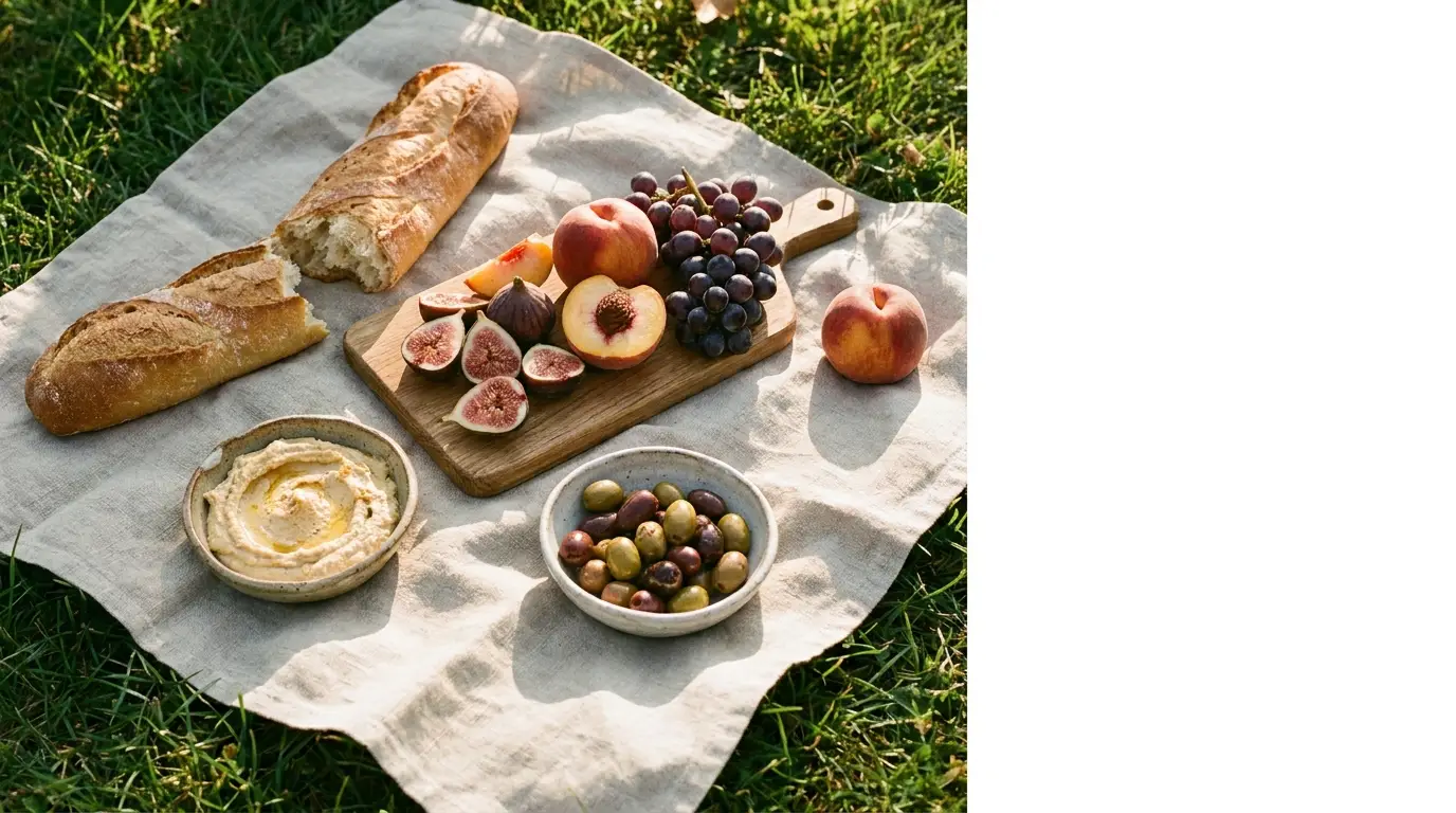 Picnic setup with fresh fruits, bread, olives, and hummus on a cloth in grassy outdoor setting