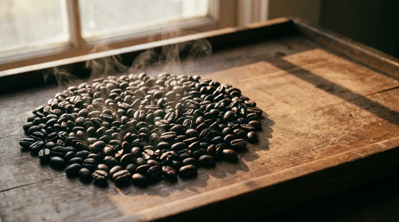 Freshly roasted coffee beans steaming on wooden tray by sunlit window