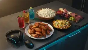 Plate of spicy chicken wings and nachos on a dark kitchen countertop with drinks and snacks