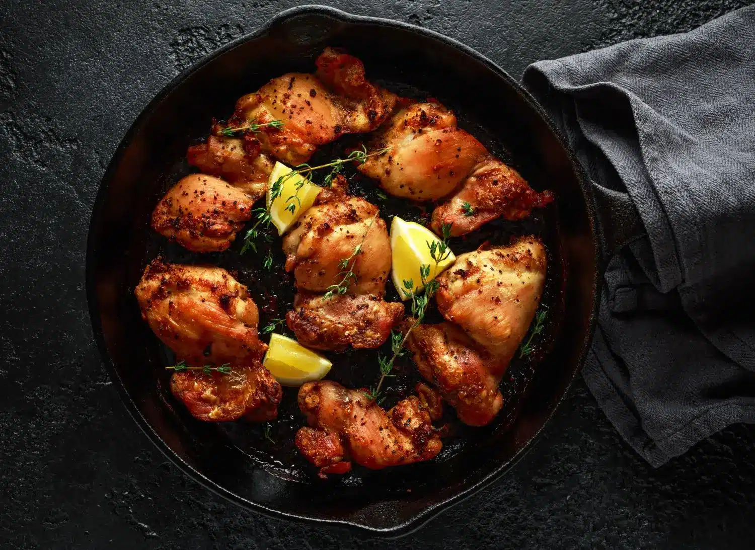Roasted chicken thighs with lemon wedges and thyme in cast iron skillet on dark surface