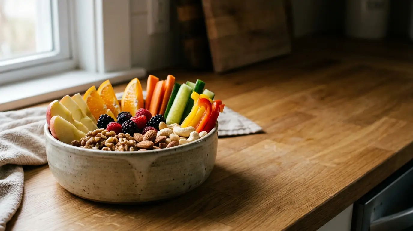 Bowl of assorted fruits, nuts, and vegetables on wooden kitchen countertop