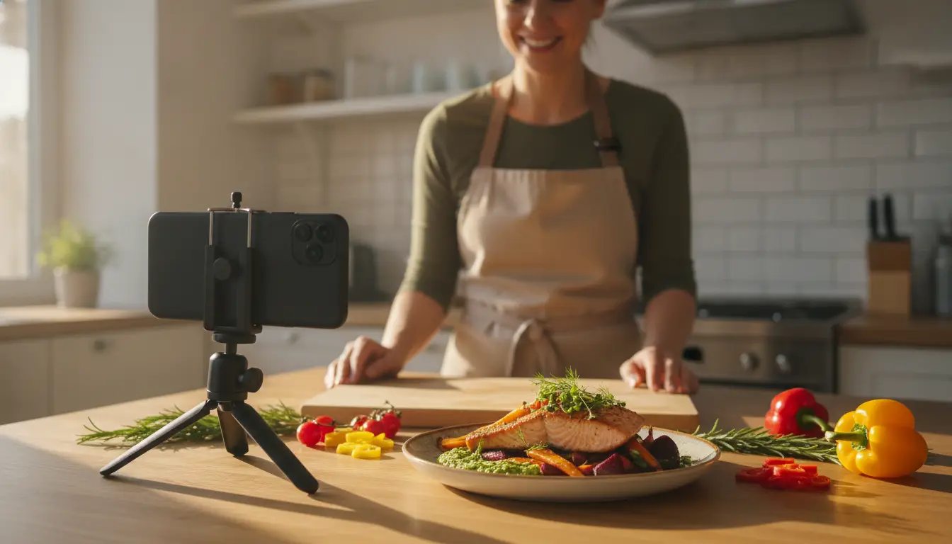 Person in apron preparing salmon dish on wooden counter with smartphone on tripod nearby