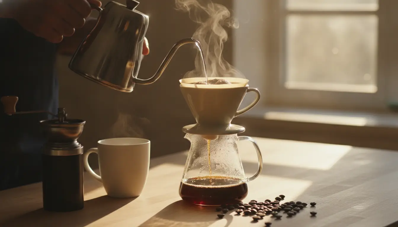 Pouring hot water over coffee grounds in ceramic dripper on sunny kitchen counter