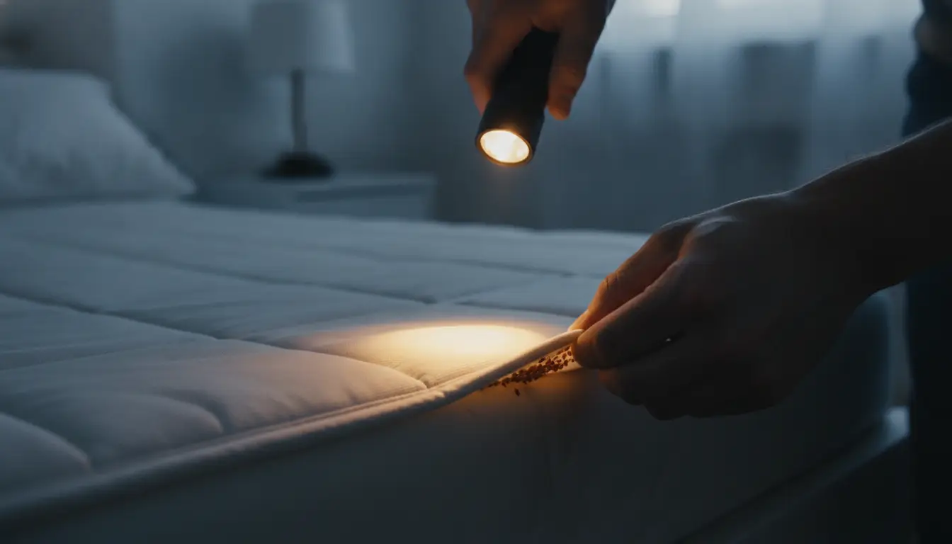 Hands inspecting under mattress with flashlight in darkened bedroom setting