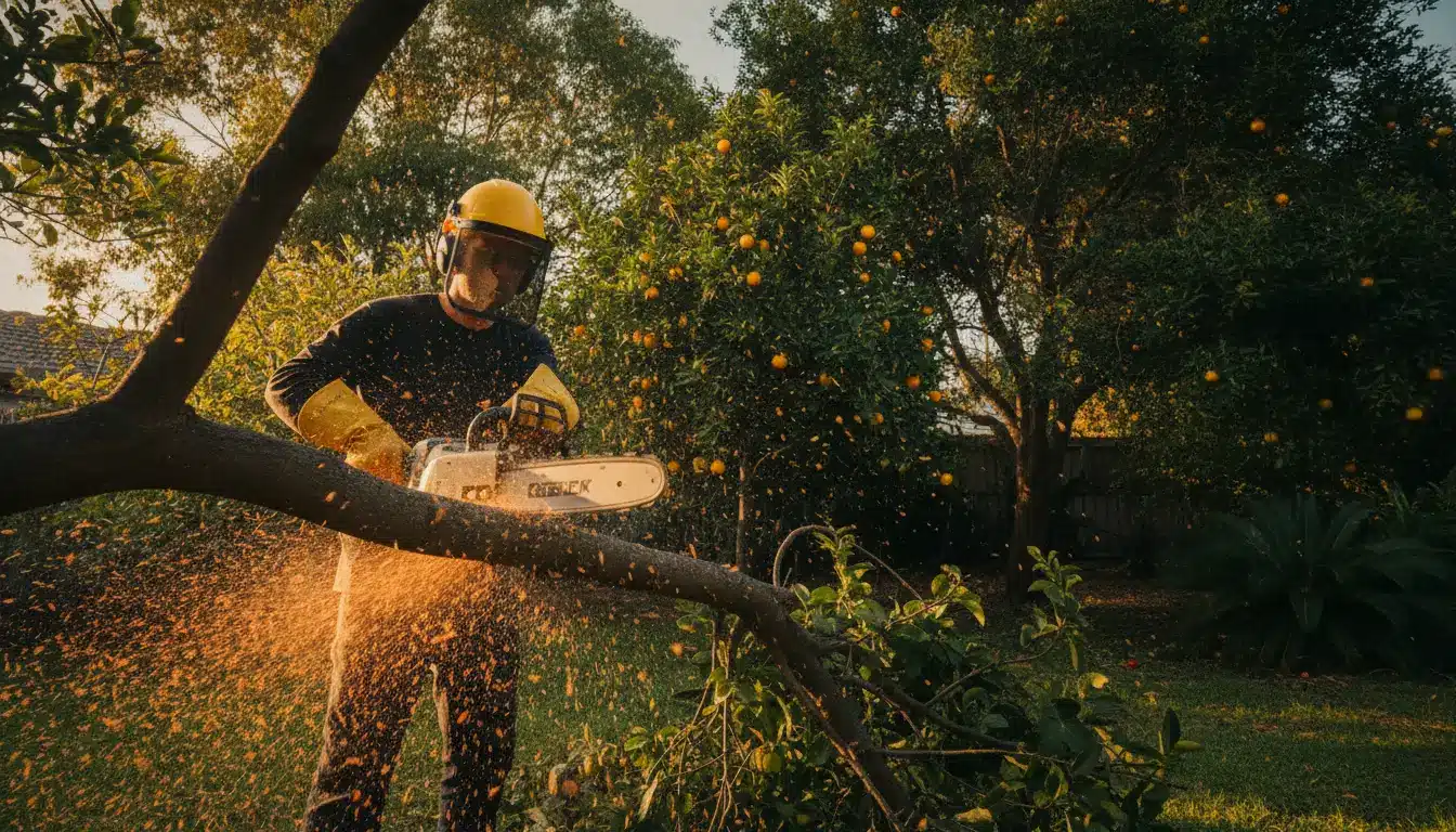 Person in safety gear using chainsaw to cut tree branch in sunlit garden