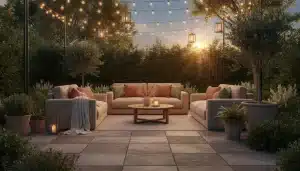 Outdoor seating area with beige sofas and string lights under sunset sky