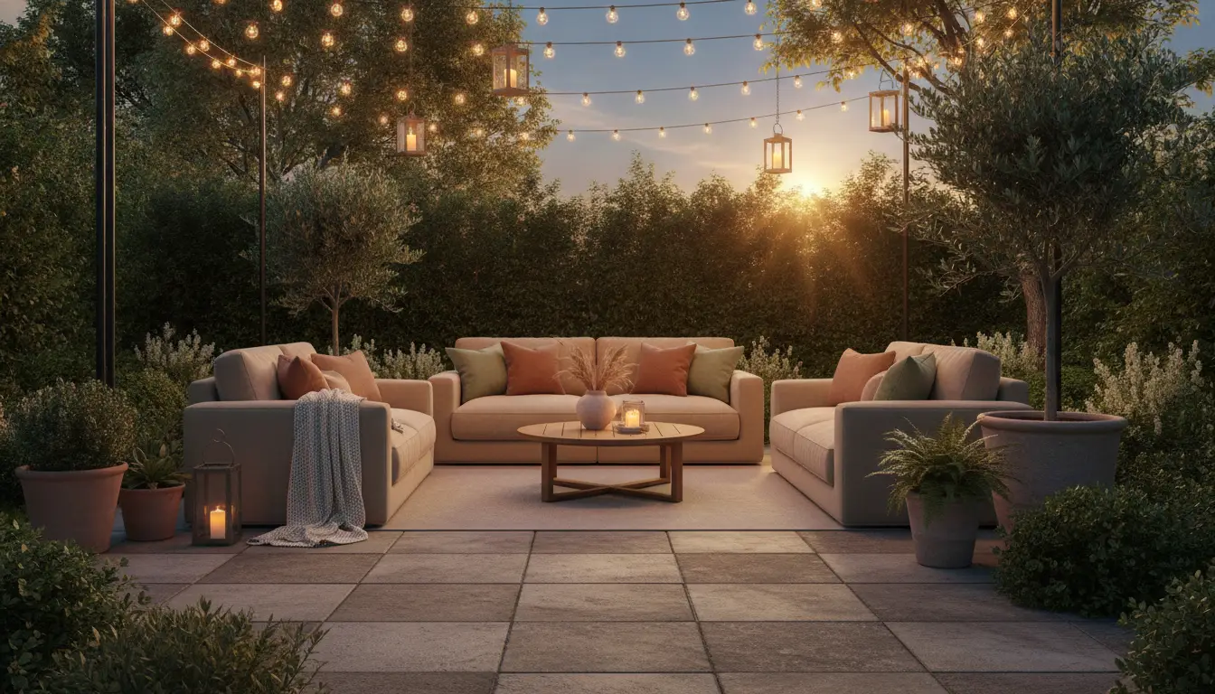 Outdoor seating area with beige sofas and string lights under sunset sky