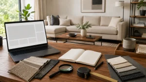 Laptop and open notebook on wooden desk in modern living room with beige sofa and plants