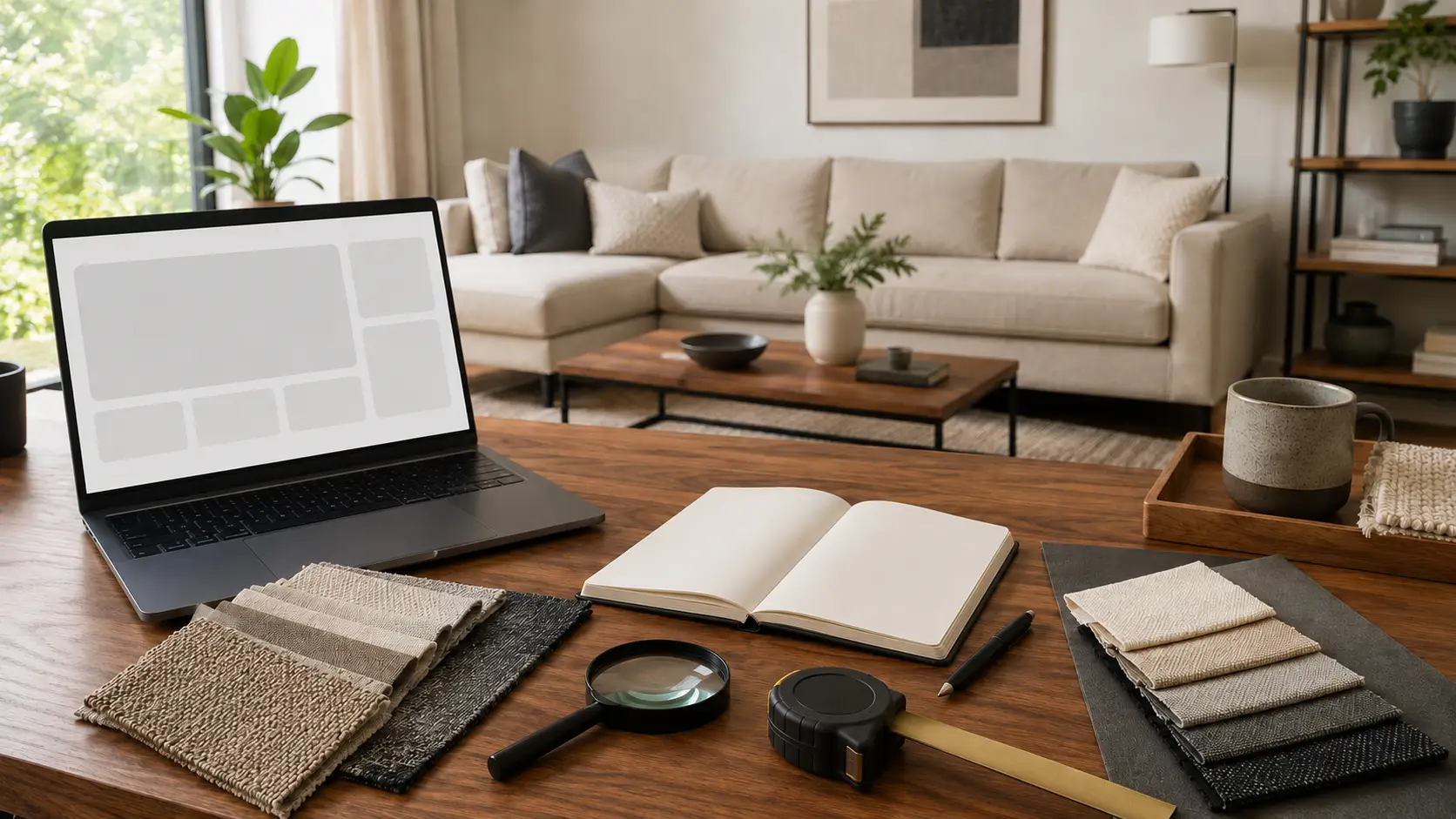 Laptop and open notebook on wooden desk in modern living room with beige sofa and plants