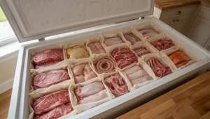 Assorted meats and fish stored neatly in open chest freezer in kitchen setting