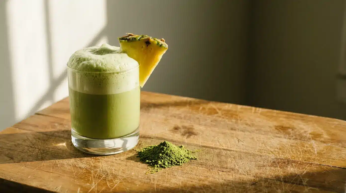 Green smoothie with pineapple slice on wooden table in natural light