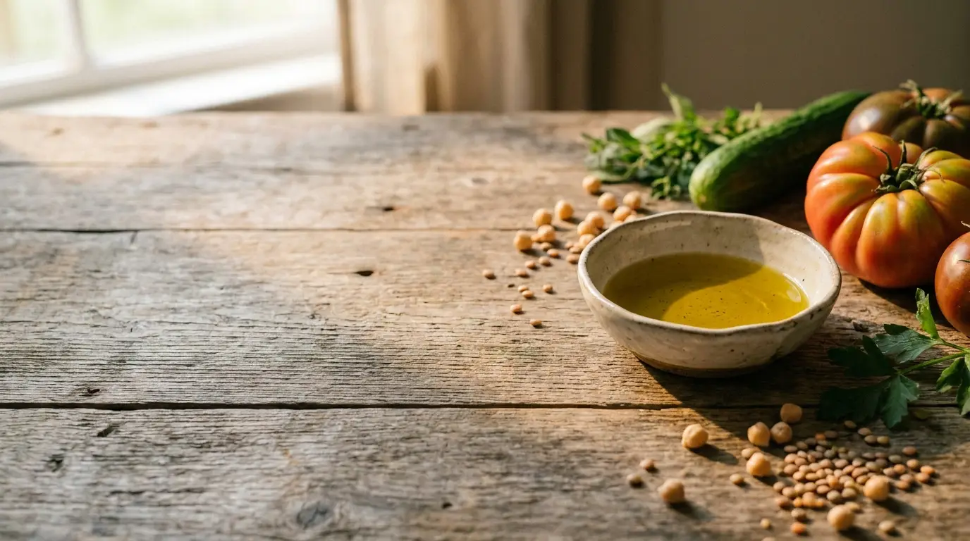 Bowl of olive oil with heirloom tomatoes, cucumber, and herbs on rustic wooden table