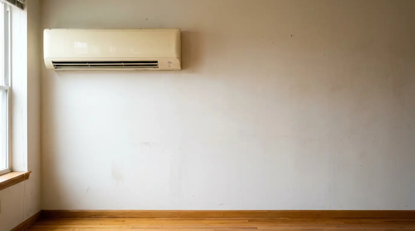 Cream-colored air conditioner mounted on white wall above wooden floor in a bright room