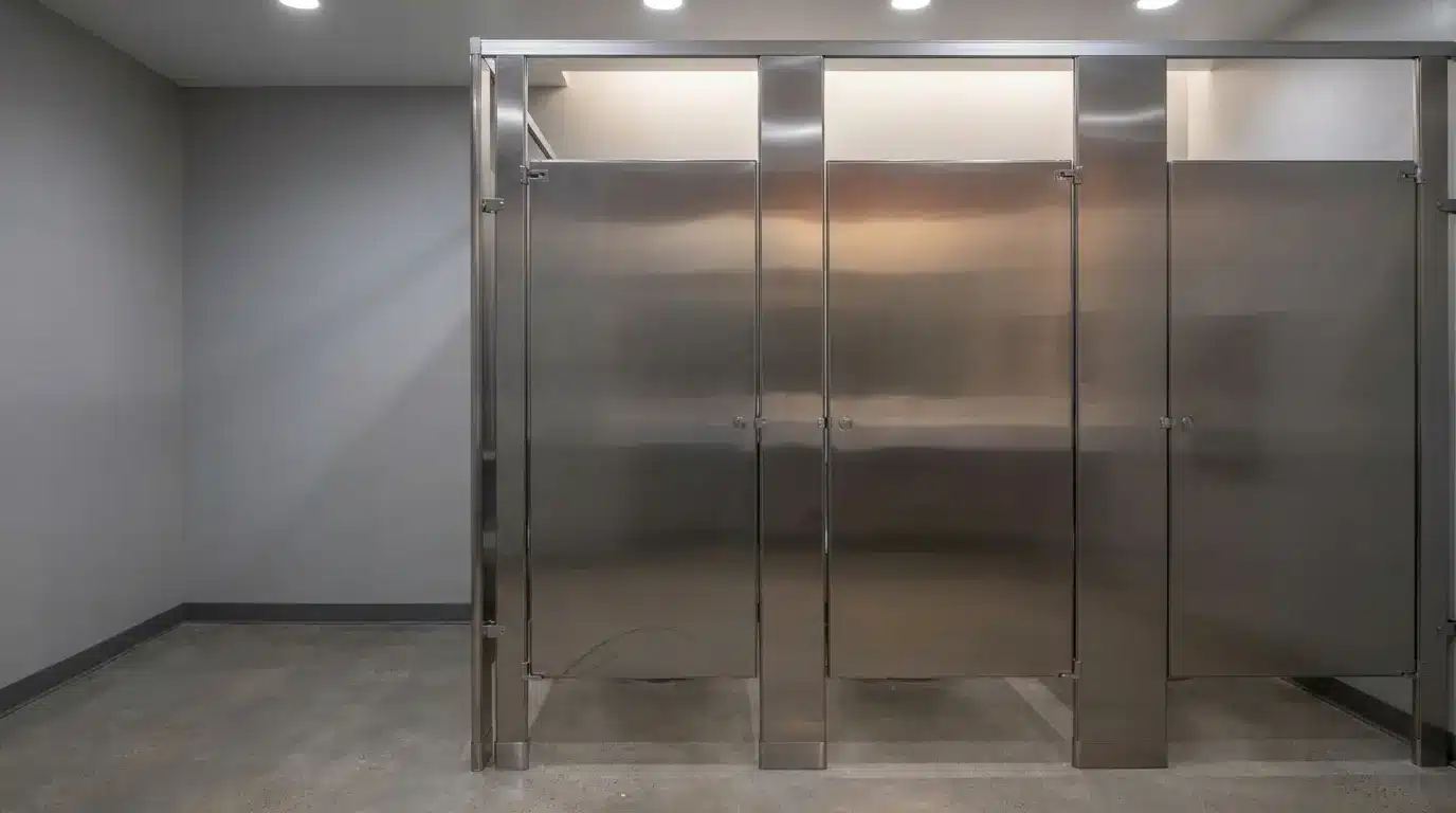 Stainless steel bathroom stalls in a clean, modern restroom with overhead lighting