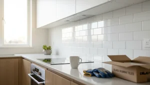 Modern kitchen with subway tile backsplash, induction cooktop, and cardboard box on countertop