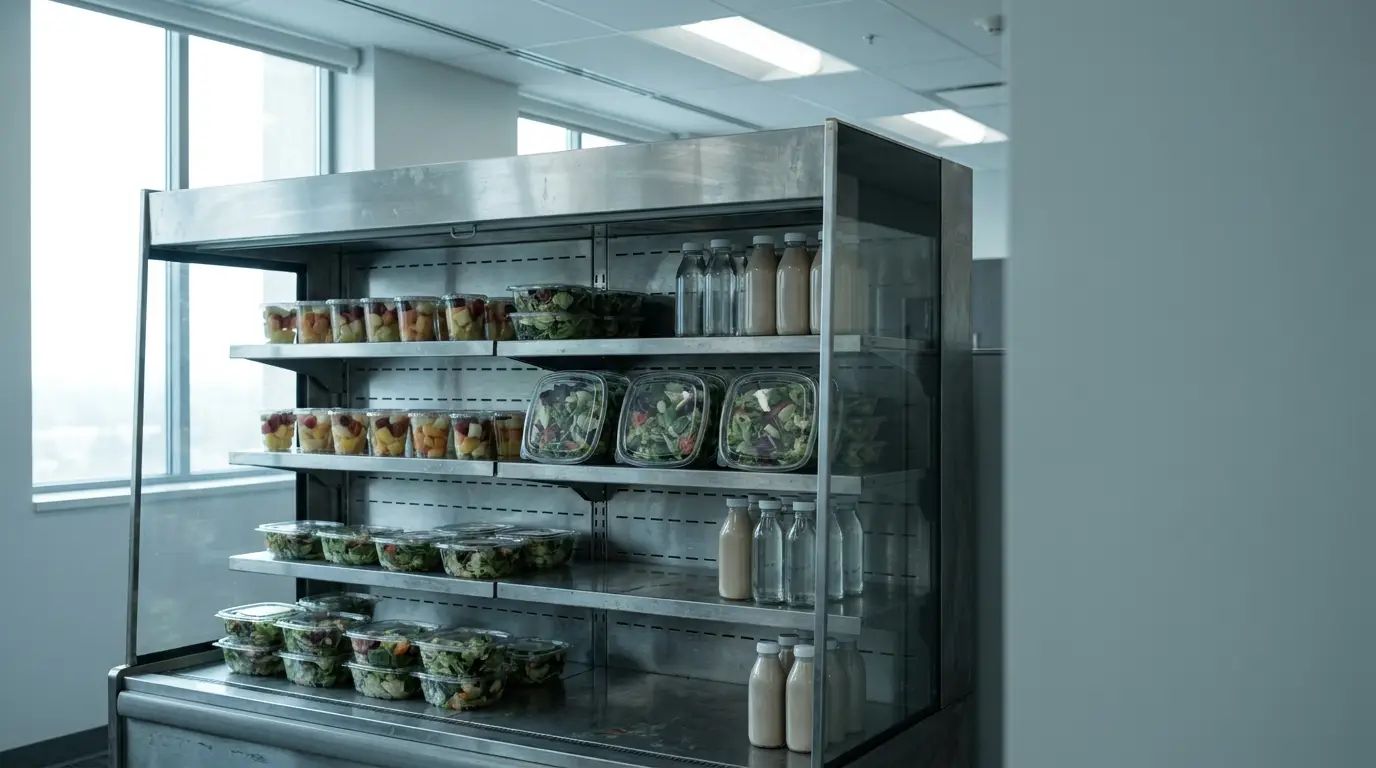 Refrigerated display case with salads, fruit cups, and bottled drinks in a bright office cafeteria