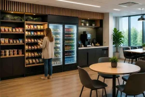 Woman choosing snacks in modern office break room with snack shelves and refrigerators