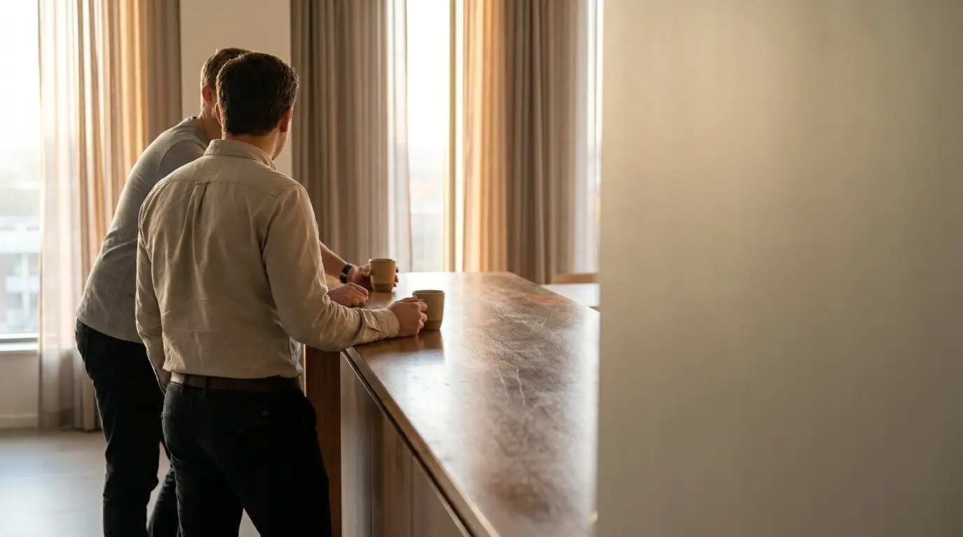 Two people holding mugs standing by a wooden table in a softly lit room