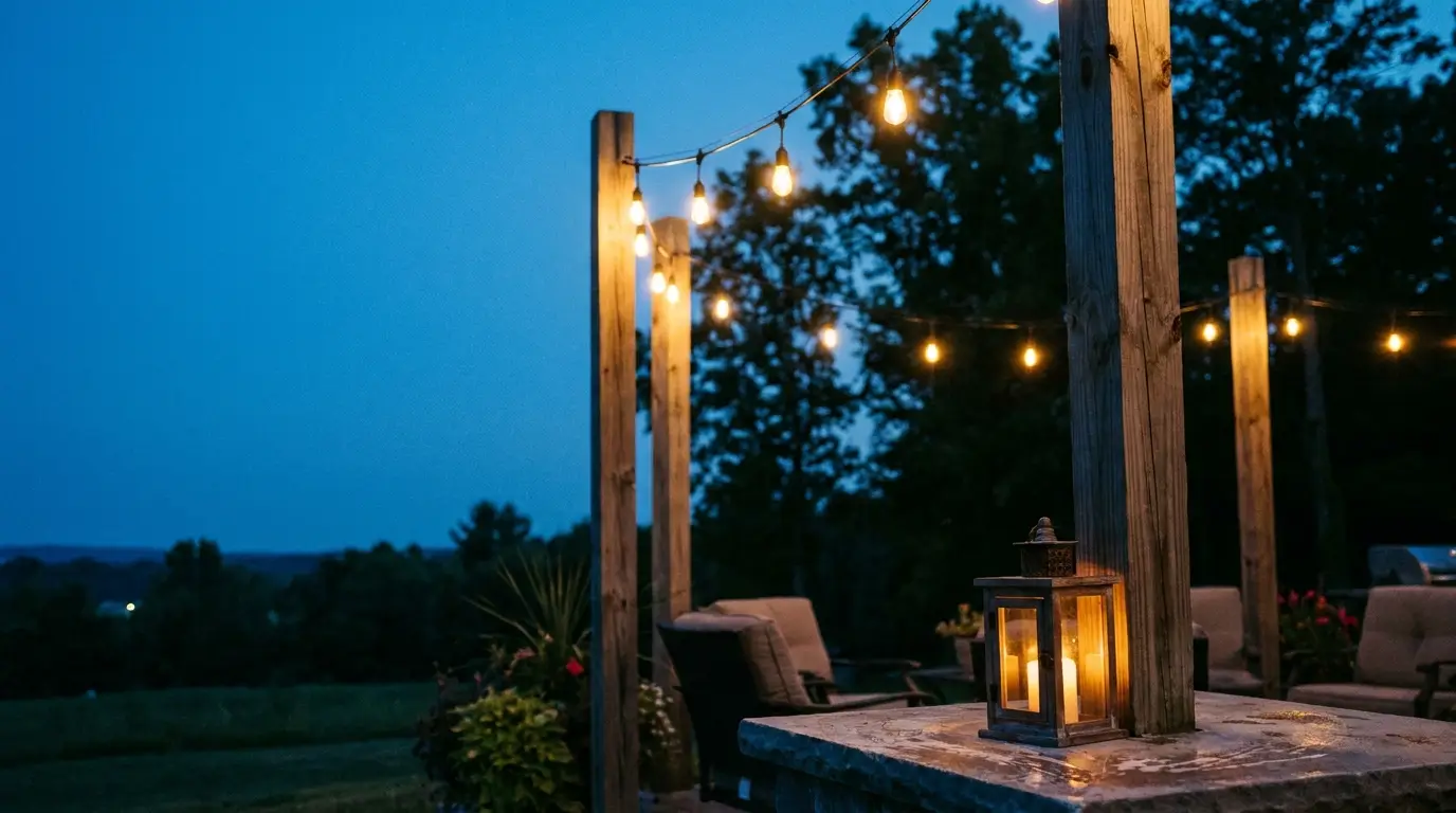 Outdoor patio with string lights and lantern on stone table at dusk