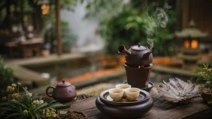 Steaming clay teapot with three tea cups on wooden table in tranquil garden setting