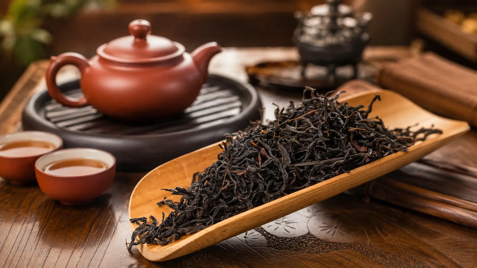 Dry tea leaves on wooden tray beside clay teapot and cups on rustic table