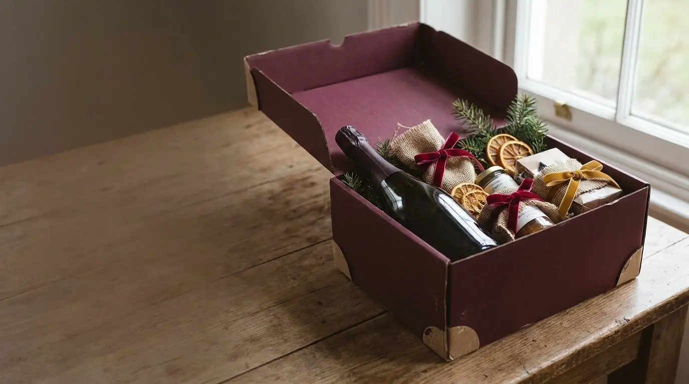 Gift box with wine, preserves, dried oranges, and wrapped presents on wooden table near window
