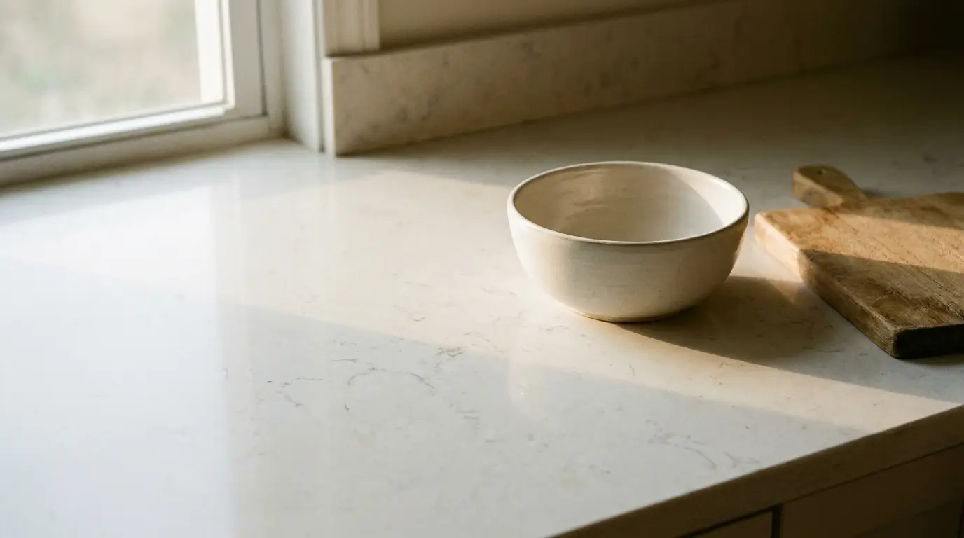 Ceramic bowl and wooden cutting board on marble countertop in natural light