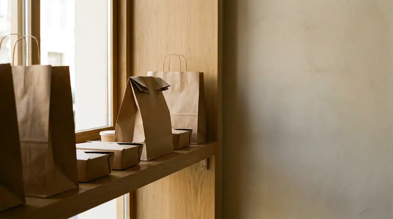 Brown paper bags and food containers on wooden shelf by a window in soft natural light