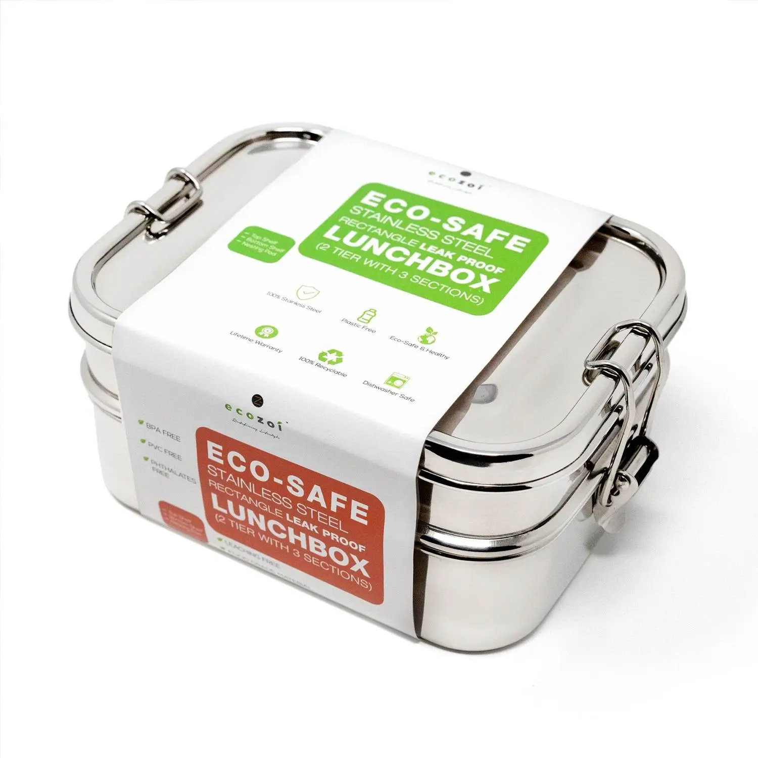 Stainless steel eco-friendly lunchbox with secure clasp and green label on white background