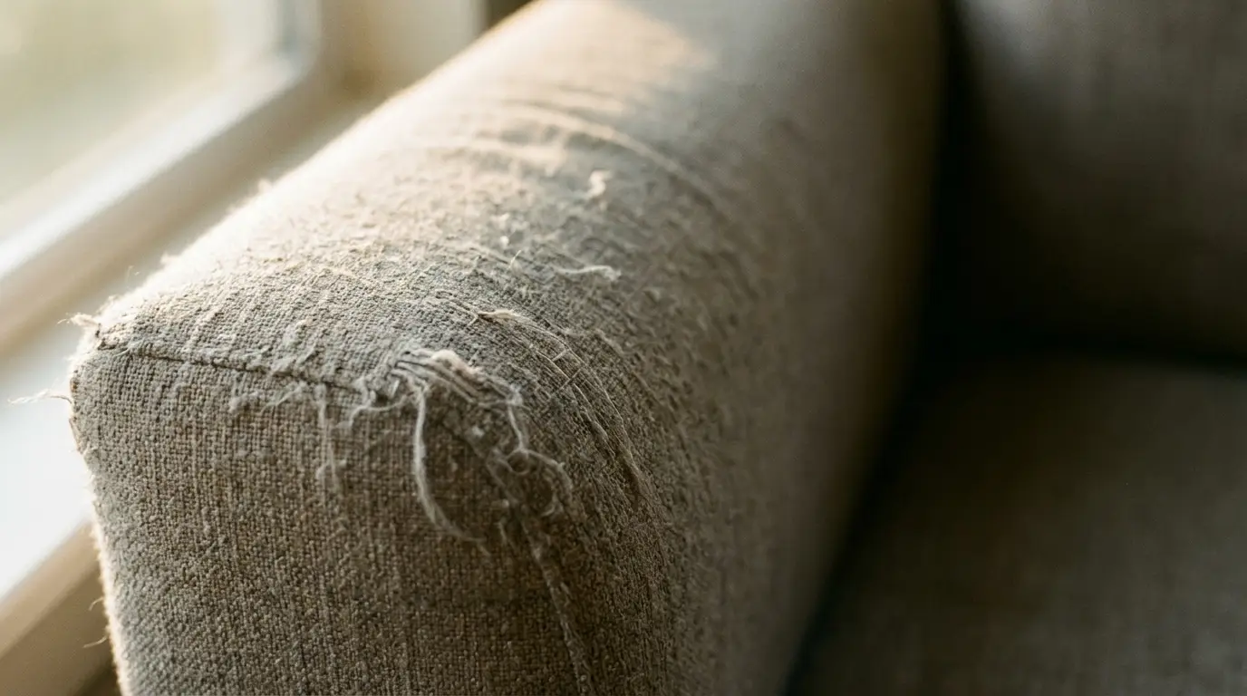 Frayed fabric armrest of a beige sofa in natural light near window