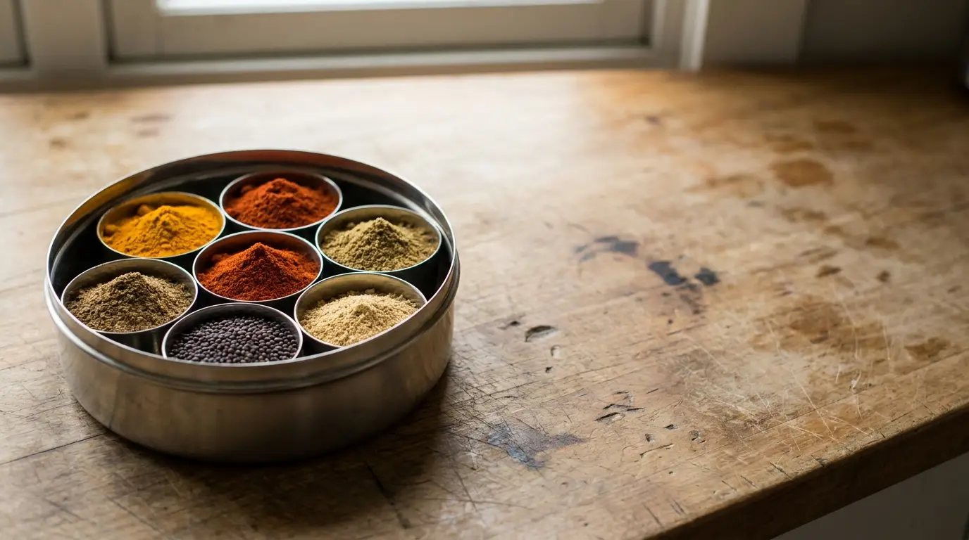 Metal spice box with colorful spices on rustic wooden countertop in natural light