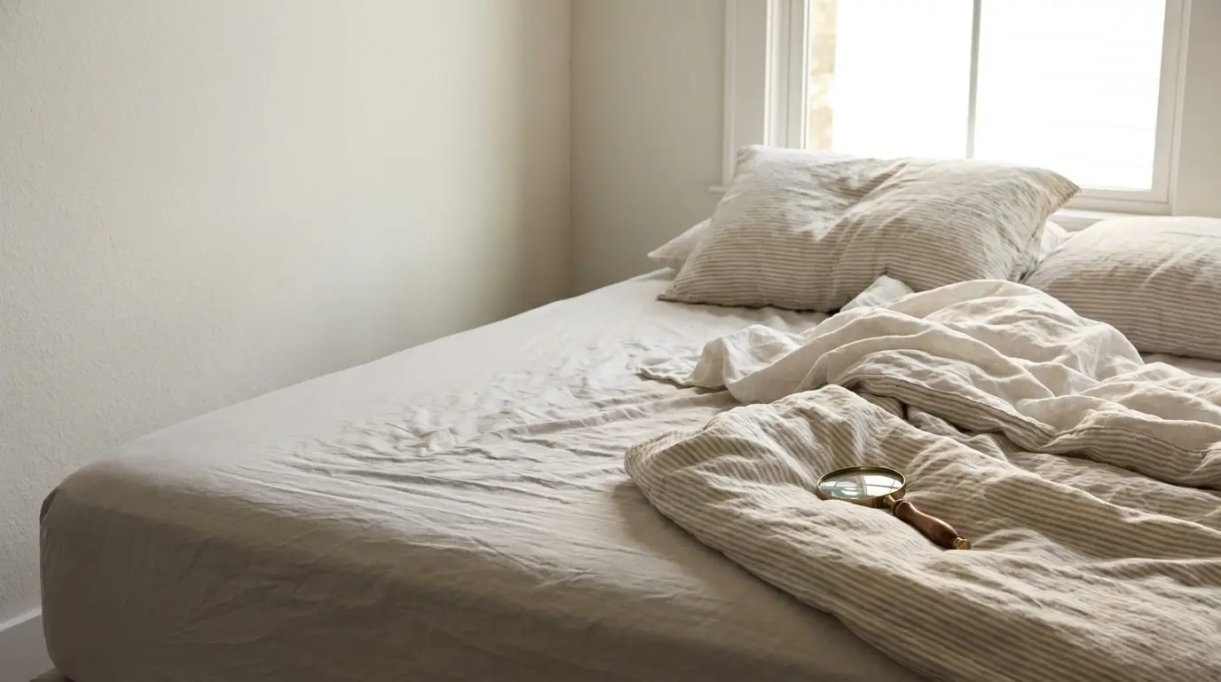 Unmade bed with beige striped linens and magnifying glass in sunlit bedroom