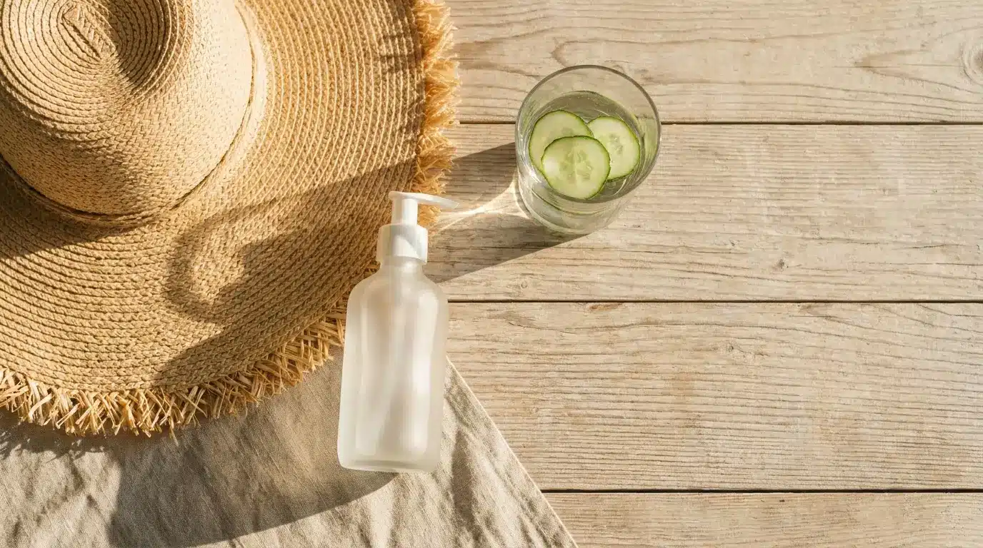 Straw hat and frosted glass bottle on wooden table with cucumber water in bright sunlight