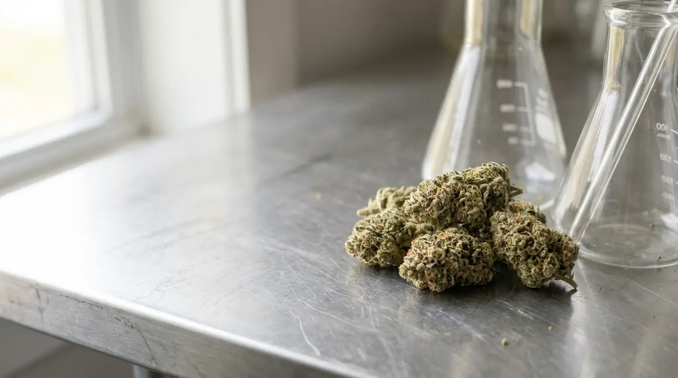 Cannabis buds on metal countertop with glass beakers in laboratory setting