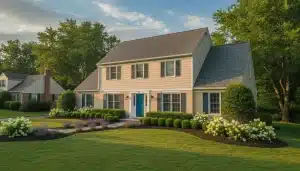 Two-story yellow house with blue door and manicured garden in suburban neighborhood